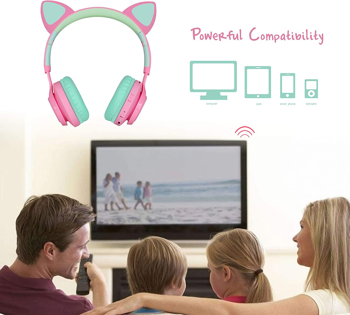 Riwbox CT-7 Kids Wireless Bluetooth Headphones with LED Cat Ears
