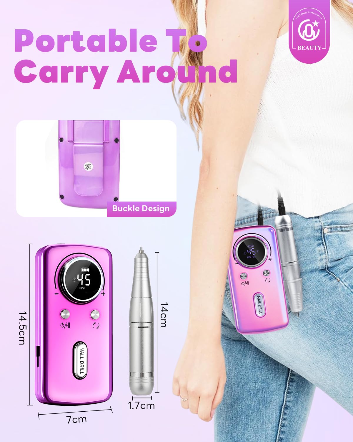 Cordless Nail Drill Professional: 45000 RPM Rechargeable Electric Nail File Kit, Portable & Low Noise for Acrylic, Gel Nails, Manicure & Pedicure - Salon & Home Use