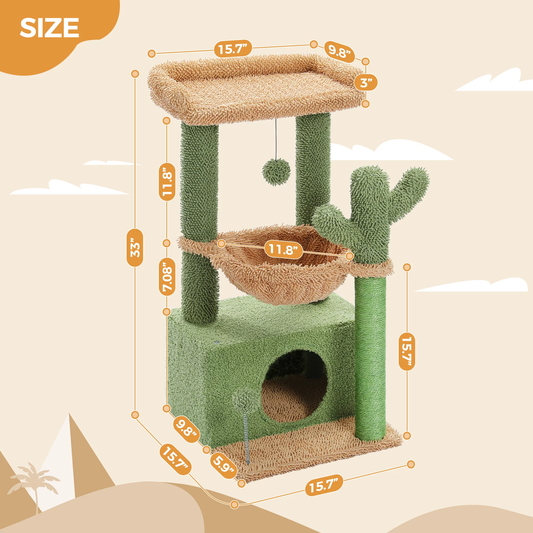 PAWZ Road Cactus Cat Tree Tower with Condo, Hammock & Scratching Posts – Cute Activity Center for Kittens & Cats