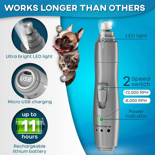 Rechargeable Dog Nail Grinder with LED Light – Quiet, Safe & Stress-Free Pet Nail Trimmer