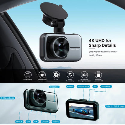 TOGUARD 4K Dual Dash Cam Front and Rear with 3" Screen, 1080P Waterproof Rear Camera, Night Vision, Loop Recording, G-Sensor, WDR & Parking Monitor