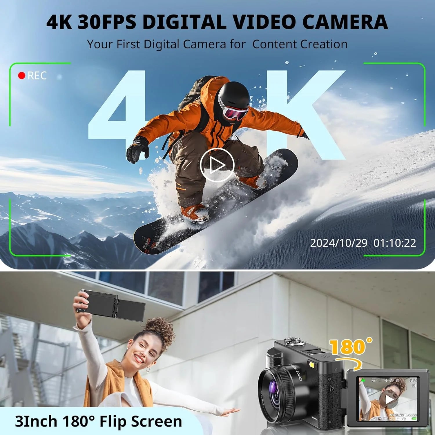 4K Vlogging Camera with Flip Screen – 48MP Digital Camera for Photography & YouTube, Autofocus, 16X Zoom, Compact Video Camera with 32GB SD Card Included