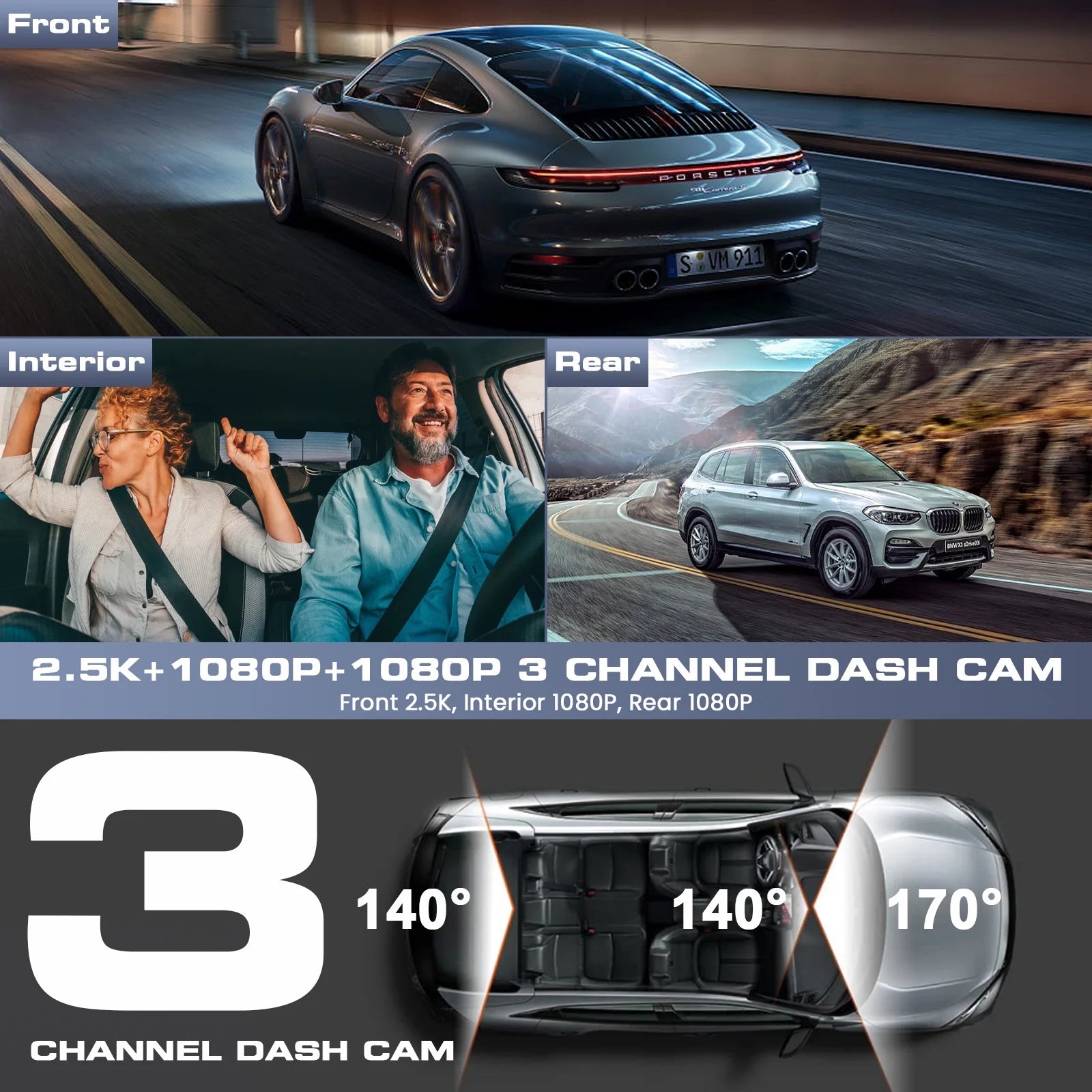 3-Channel 4K Dash Cam with Wi-Fi & GPS – Front, Inside & Rear Car Camera with Night Vision, 3.16” IPS Touchscreen, 24H Parking Mode, WDR, Type-C, Backup Camera & 64GB SD Card Included