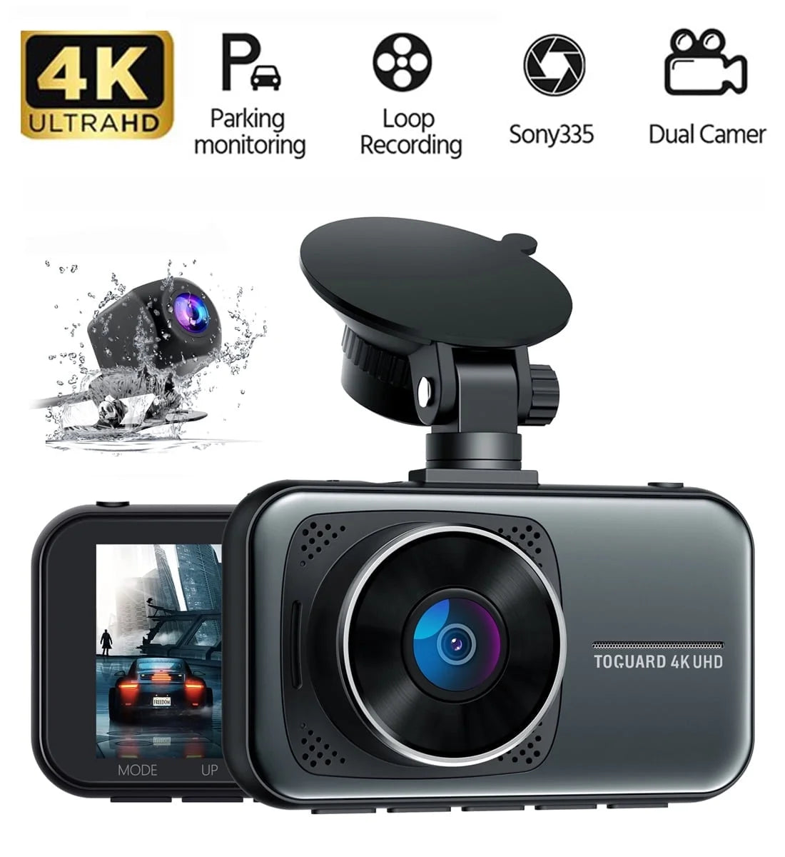 TOGUARD 4K Dual Dash Cam Front and Rear with 3" Screen, 1080P Waterproof Rear Camera, Night Vision, Loop Recording, G-Sensor, WDR & Parking Monitor