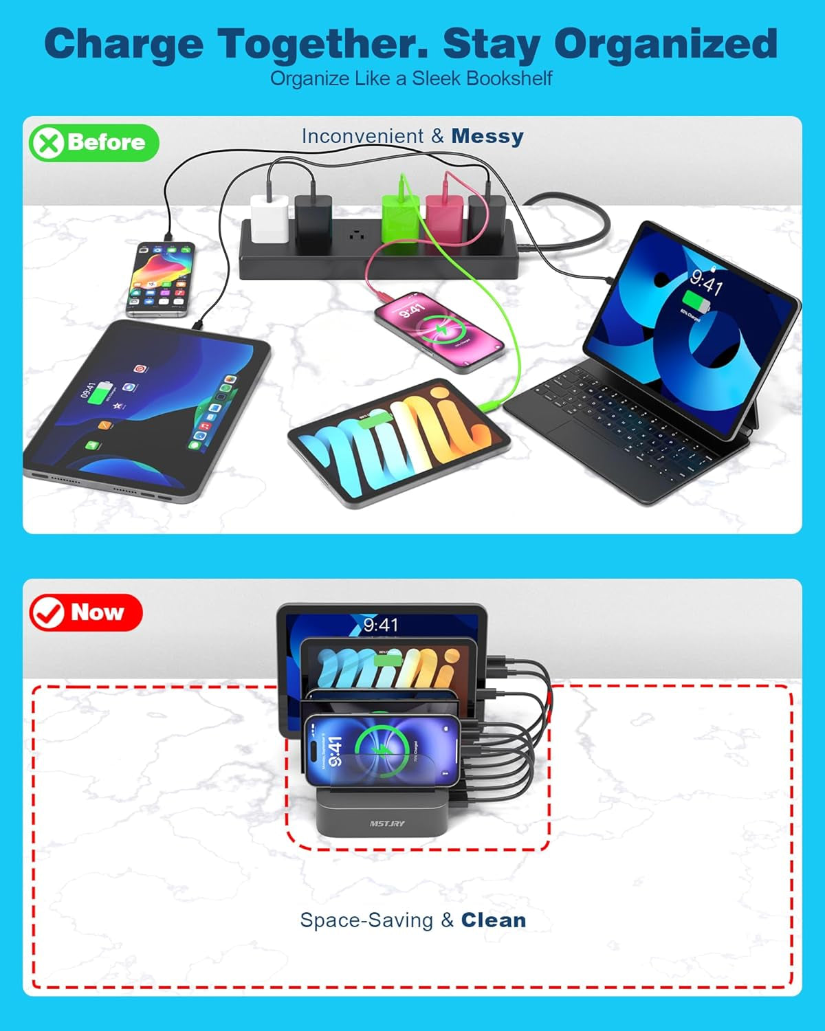 5-Port USB-A Charging Station for Multiple Devices – Fast Multi-Device Organizer & Charging Dock for iPhone, iPad, Cell Phones, Tablets with 7 Cables Included (Gray)