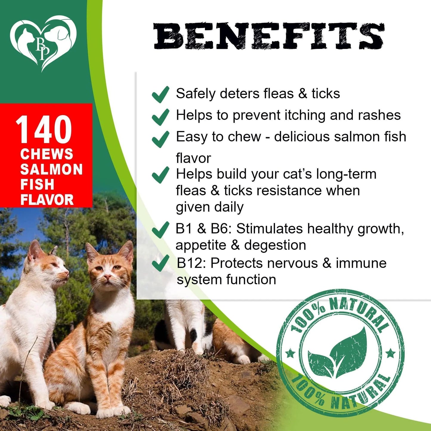 Natural Flea & Tick Prevention Chews for Cats – Salmon Flavor, Vet-Formulated Daily Protection