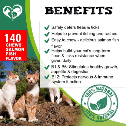 Natural Flea & Tick Prevention Chews for Cats – Salmon Flavor, Vet-Formulated Daily Protection