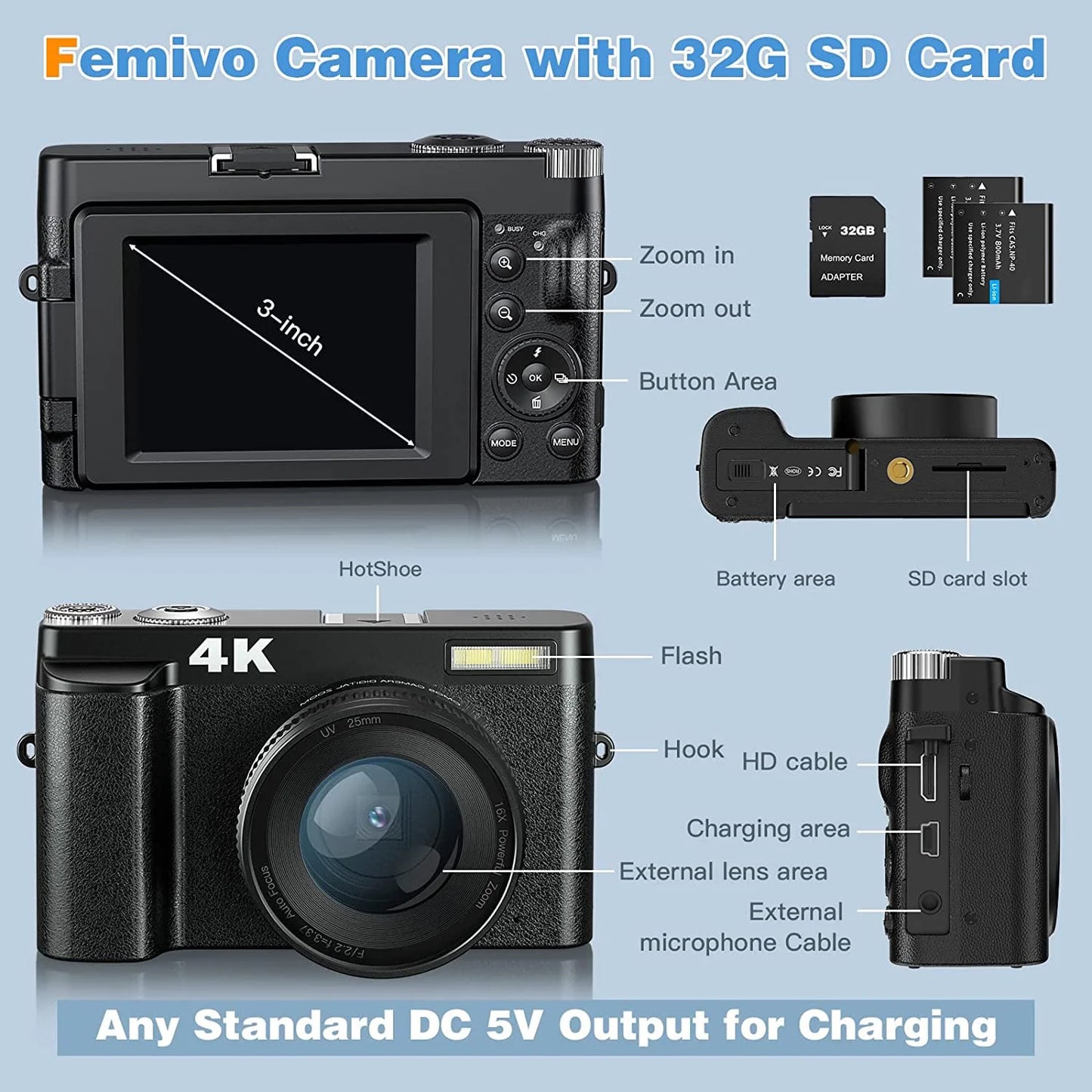 4K Vlogging Camera with Flip Screen – 48MP Digital Camera for Photography & YouTube, Autofocus, 16X Zoom, Compact Video Camera with 32GB SD Card Included