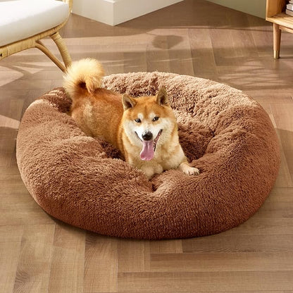 Calming Cat Beds for Indoor Cats - Small Cat Bed Washable 20 Inches, Anti-Slip round Fluffy Plush Faux Fur Pet Bed, Fits up to 15 Lbs Pets, Camel