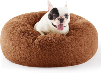 Calming Cat Beds for Indoor Cats - Small Cat Bed Washable 20 Inches, Anti-Slip round Fluffy Plush Faux Fur Pet Bed, Fits up to 15 Lbs Pets, Camel