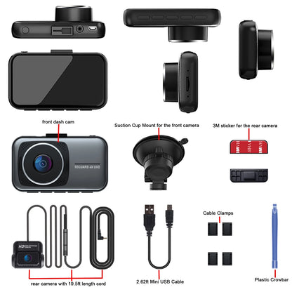 TOGUARD 4K Dual Dash Cam Front and Rear with 3" Screen, 1080P Waterproof Rear Camera, Night Vision, Loop Recording, G-Sensor, WDR & Parking Monitor