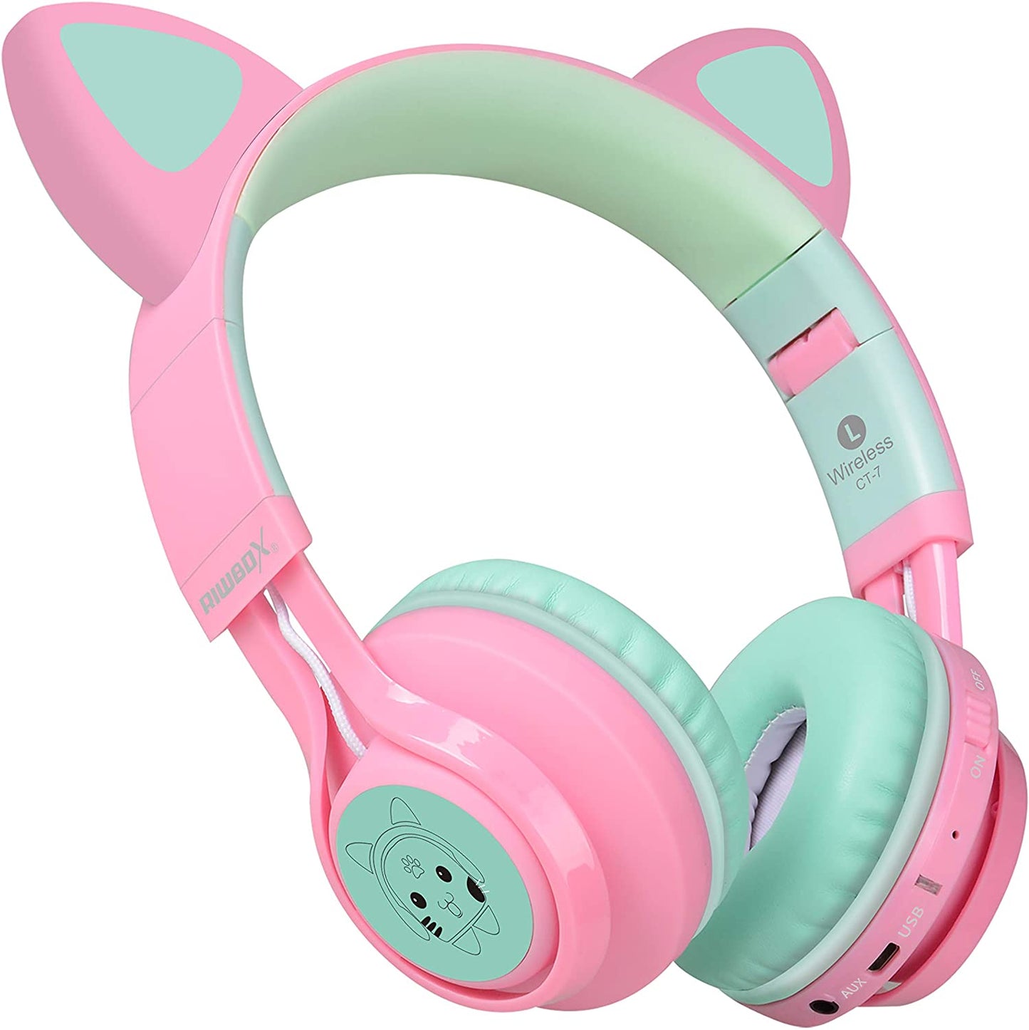 Riwbox CT-7 Kids Wireless Bluetooth Headphones with LED Cat Ears