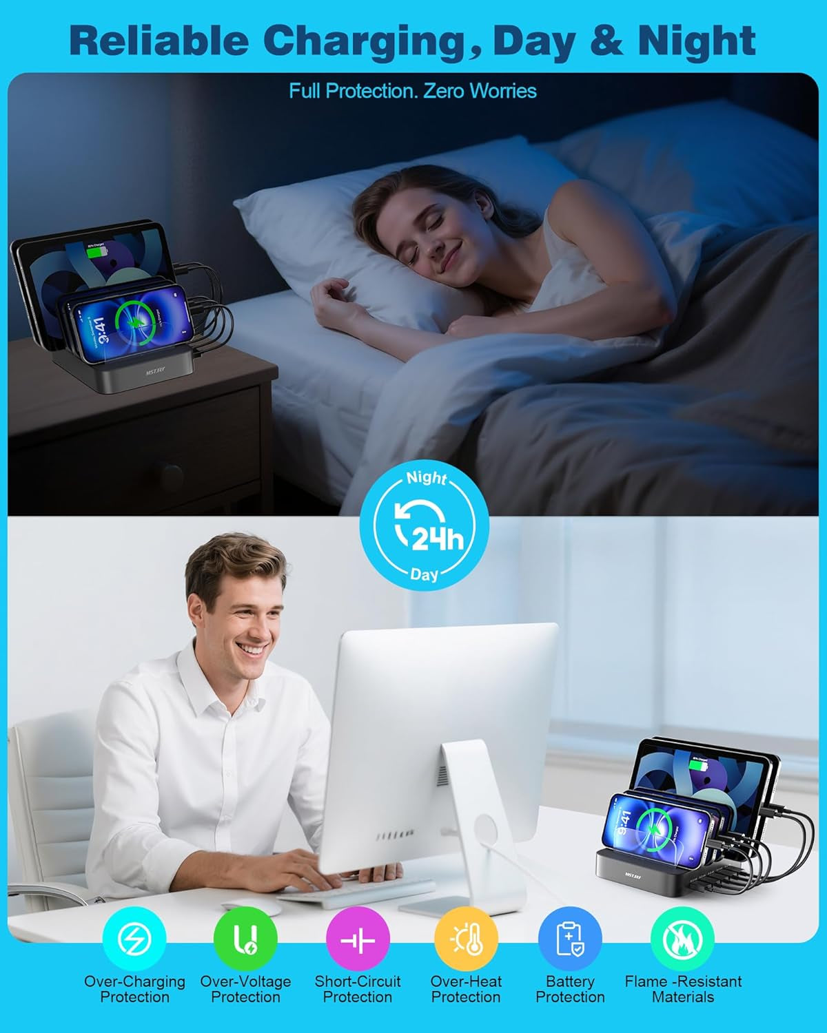 5-Port USB-A Charging Station for Multiple Devices – Fast Multi-Device Organizer & Charging Dock for iPhone, iPad, Cell Phones, Tablets with 7 Cables Included (Gray)