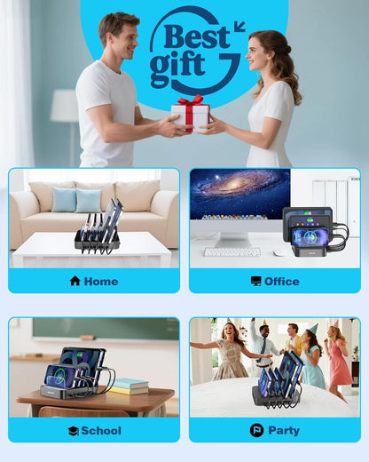 5-Port USB-A Charging Station for Multiple Devices – Fast Multi-Device Organizer & Charging Dock for iPhone, iPad, Cell Phones, Tablets with 7 Cables Included (Gray)