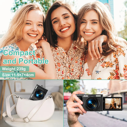 4K Vlogging Camera with Flip Screen – 48MP Digital Camera for Photography & YouTube, Autofocus, 16X Zoom, Compact Video Camera with 32GB SD Card Included