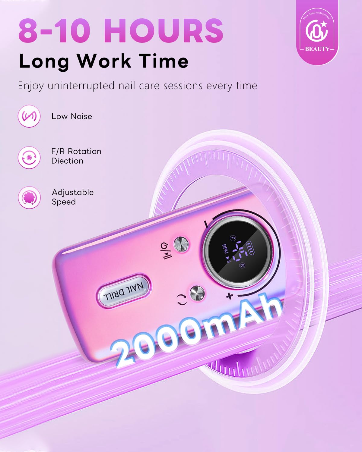 Cordless Nail Drill Professional: 45000 RPM Rechargeable Electric Nail File Kit, Portable & Low Noise for Acrylic, Gel Nails, Manicure & Pedicure - Salon & Home Use