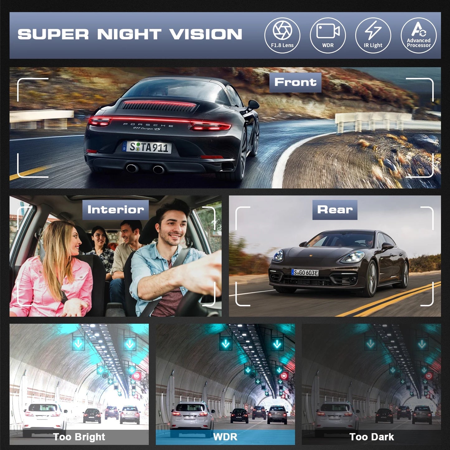 3-Channel 4K Dash Cam with Wi-Fi & GPS – Front, Inside & Rear Car Camera with Night Vision, 3.16” IPS Touchscreen, 24H Parking Mode, WDR, Type-C, Backup Camera & 64GB SD Card Included