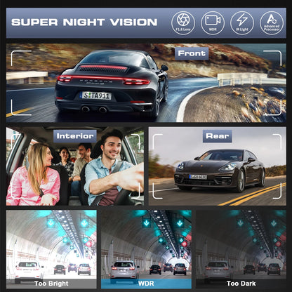 3-Channel 4K Dash Cam with Wi-Fi & GPS – Front, Inside & Rear Car Camera with Night Vision, 3.16” IPS Touchscreen, 24H Parking Mode, WDR, Type-C, Backup Camera & 64GB SD Card Included