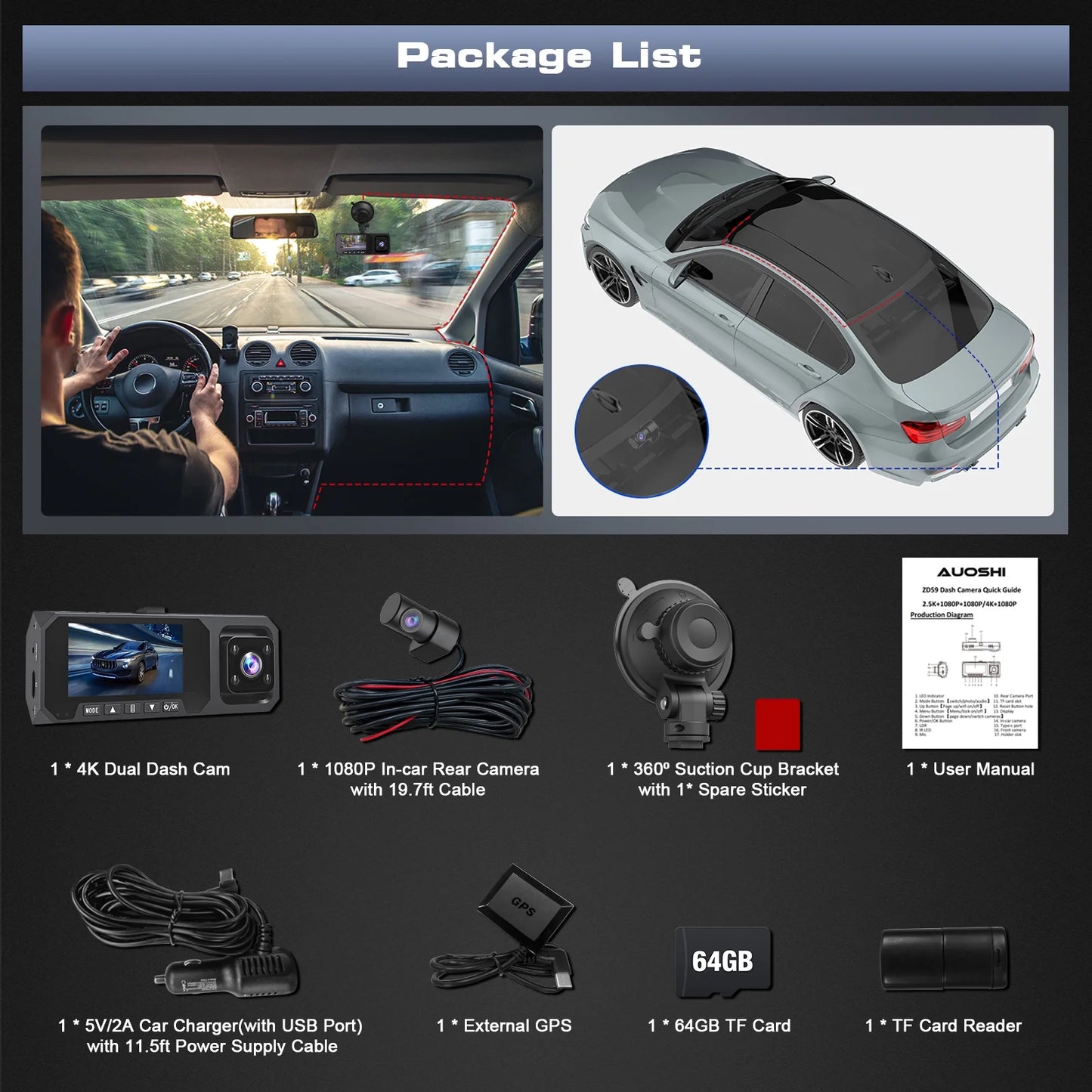 3-Channel 4K Dash Cam with Wi-Fi & GPS – Front, Inside & Rear Car Camera with Night Vision, 3.16” IPS Touchscreen, 24H Parking Mode, WDR, Type-C, Backup Camera & 64GB SD Card Included