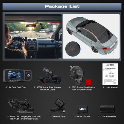 3-Channel 4K Dash Cam with Wi-Fi & GPS – Front, Inside & Rear Car Camera with Night Vision, 3.16” IPS Touchscreen, 24H Parking Mode, WDR, Type-C, Backup Camera & 64GB SD Card Included