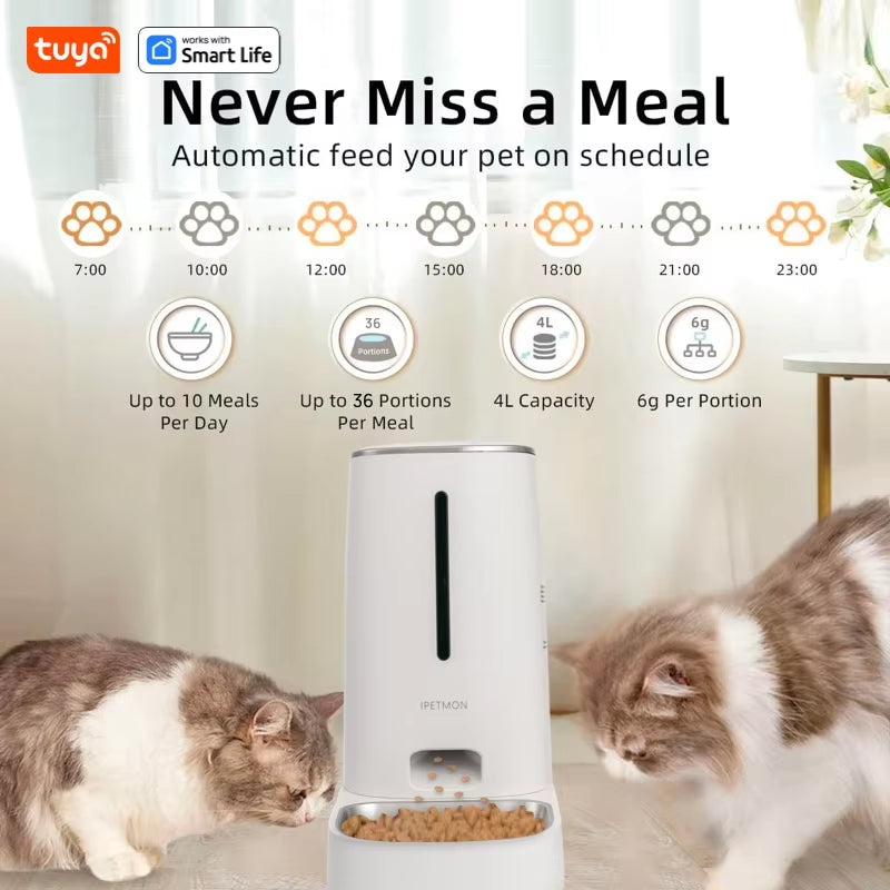 Wi-Fi Smart Automatic Pet Feeder 4L for Cats & Dogs – APP Control, Portion Scheduling, Stainless Steel Bowl, Low Food Alarm, Optional 1080P Camera