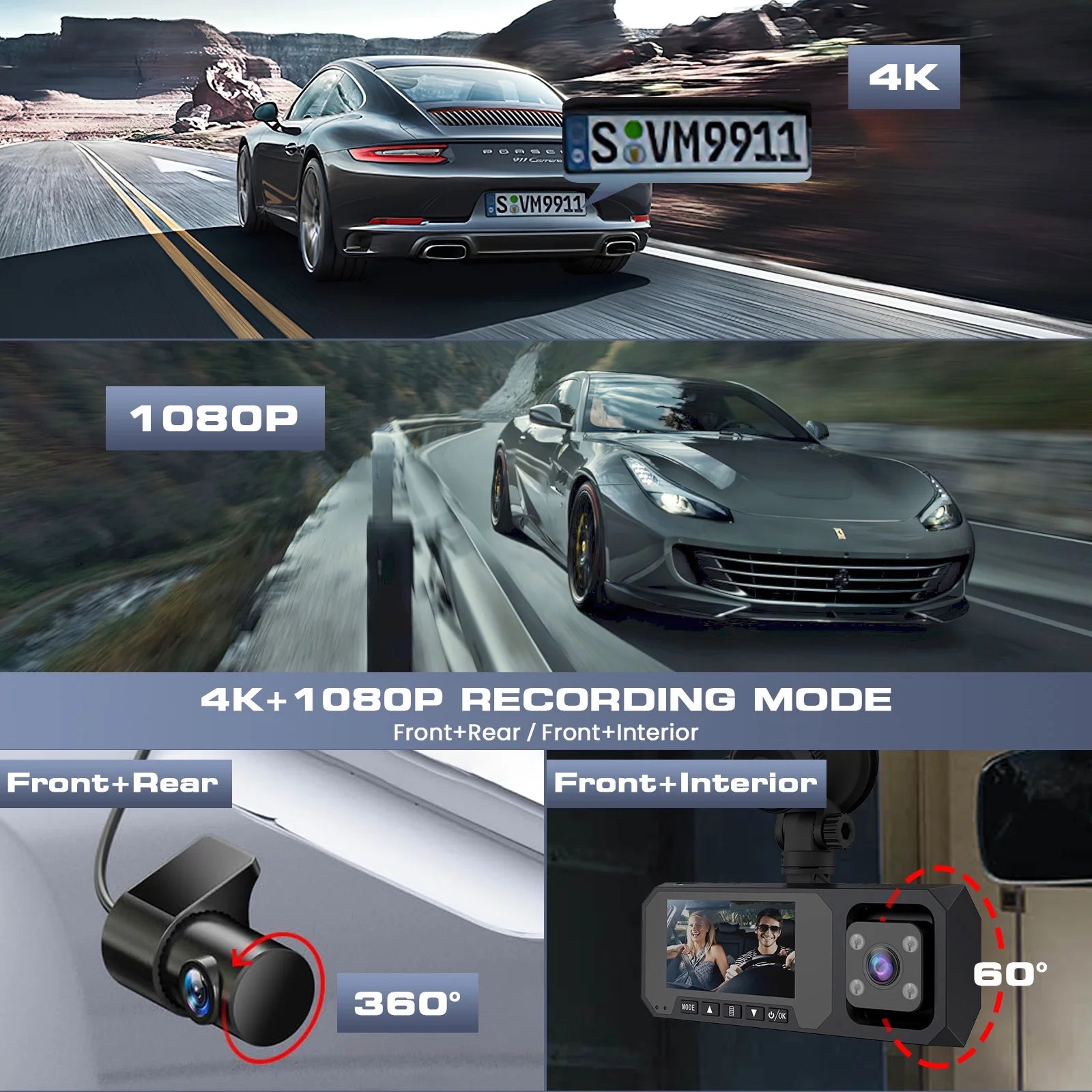 3-Channel 4K Dash Cam with Wi-Fi & GPS – Front, Inside & Rear Car Camera with Night Vision, 3.16” IPS Touchscreen, 24H Parking Mode, WDR, Type-C, Backup Camera & 64GB SD Card Included