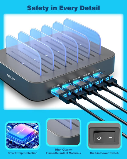 5-Port USB-A Charging Station for Multiple Devices – Fast Multi-Device Organizer & Charging Dock for iPhone, iPad, Cell Phones, Tablets with 7 Cables Included (Gray)