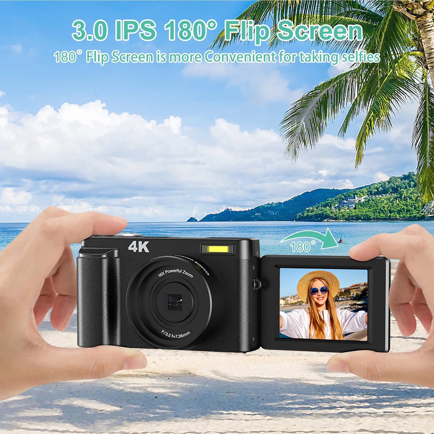 4K Vlogging Camera with Flip Screen – 48MP Digital Camera for Photography & YouTube, Autofocus, 16X Zoom, Compact Video Camera with 32GB SD Card Included