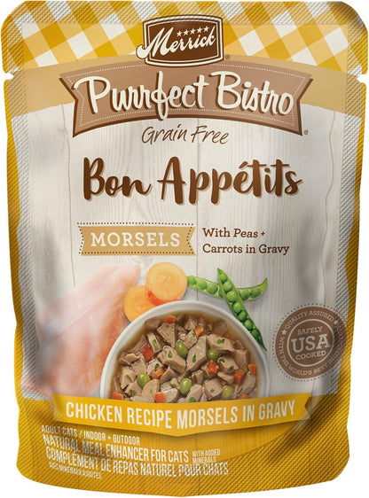 (Pack of 24) 3 Oz. Pouches Merrick Purrfect Bistro Bon Appétits Grain-Free Wet Cat Food Topper – Chicken Morsels in Gravy