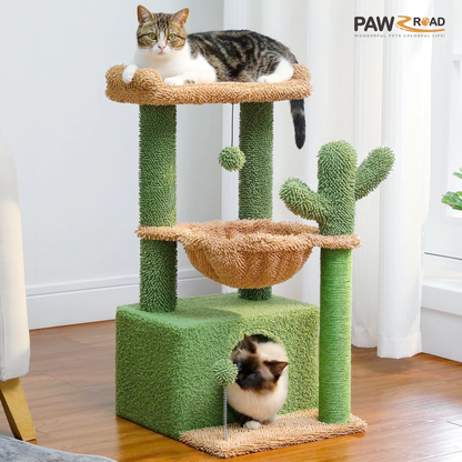 PAWZ Road Cactus Cat Tree Tower with Condo, Hammock & Scratching Posts – Cute Activity Center for Kittens & Cats