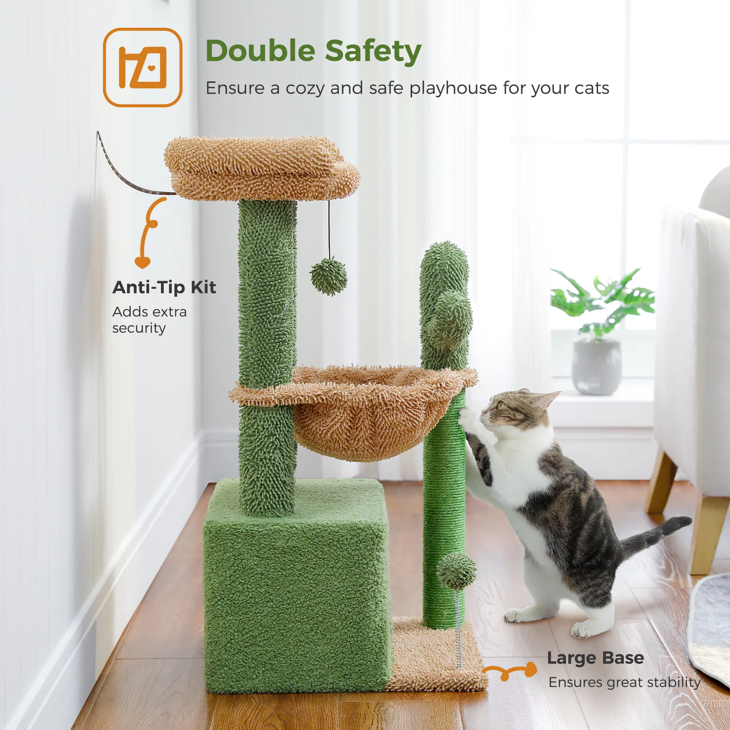 PAWZ Road Cactus Cat Tree Tower with Condo, Hammock & Scratching Posts – Cute Activity Center for Kittens & Cats
