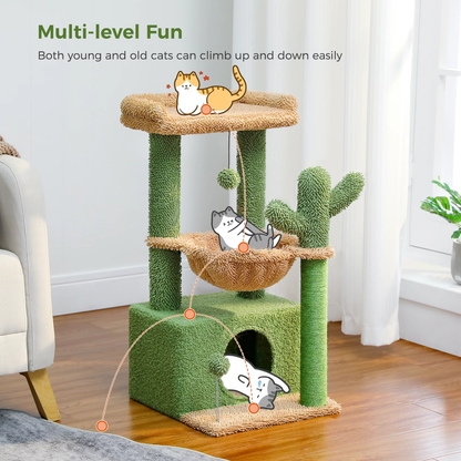 PAWZ Road Cactus Cat Tree Tower with Condo, Hammock & Scratching Posts – Cute Activity Center for Kittens & Cats