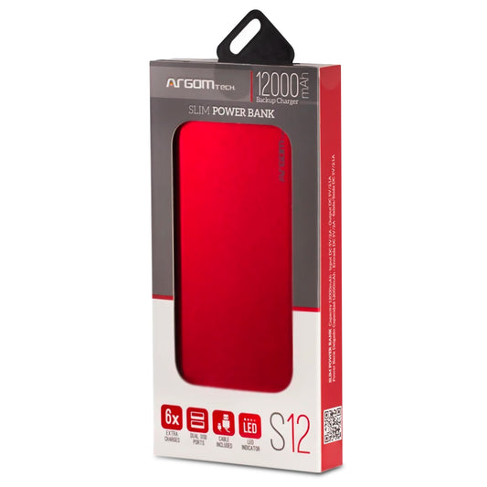 Power Bank ARGON 12,000 mAh Rojo – Carga Rápida y Diseño Elegante