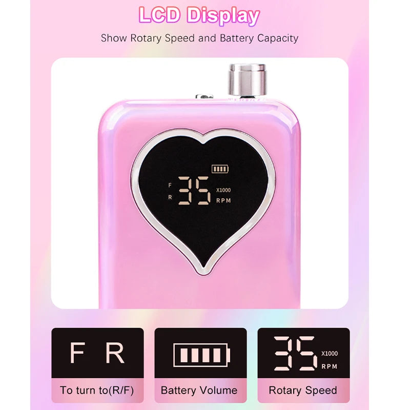 Nail Drill Machines for Manicure Drill Para Unas 35000 RPM Heart Portable Desktop Rechargeable Adjust Speed Low Noise Nail Drill