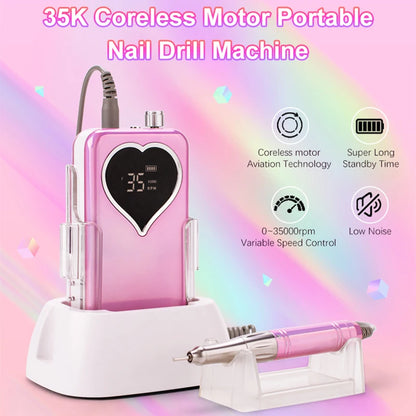Nail Drill Machines for Manicure Drill Para Unas 35000 RPM Heart Portable Desktop Rechargeable Adjust Speed Low Noise Nail Drill