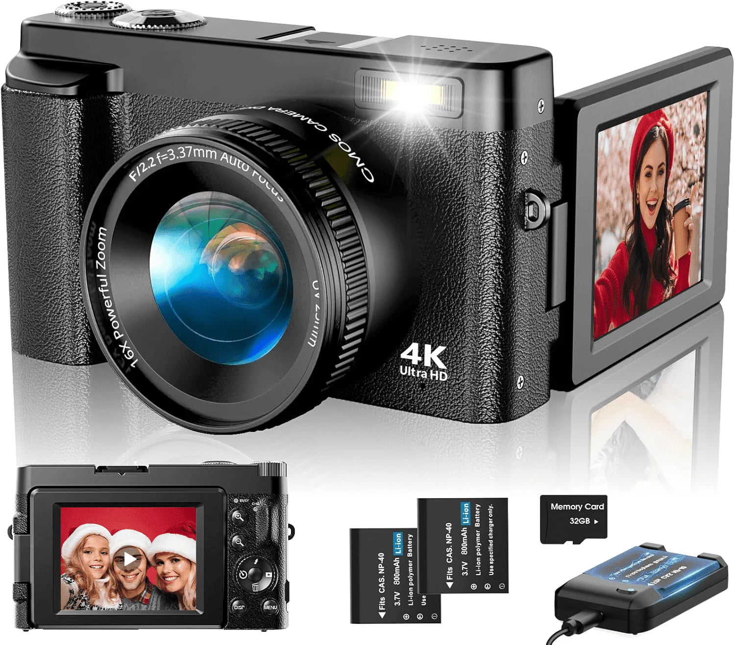 4K Vlogging Camera with Flip Screen – 48MP Digital Camera for Photography & YouTube, Autofocus, 16X Zoom, Compact Video Camera with 32GB SD Card Included