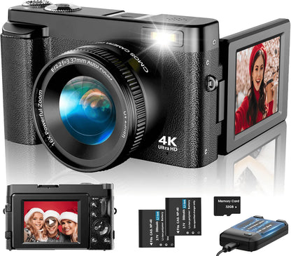 4K Vlogging Camera with Flip Screen – 48MP Digital Camera for Photography & YouTube, Autofocus, 16X Zoom, Compact Video Camera with 32GB SD Card Included
