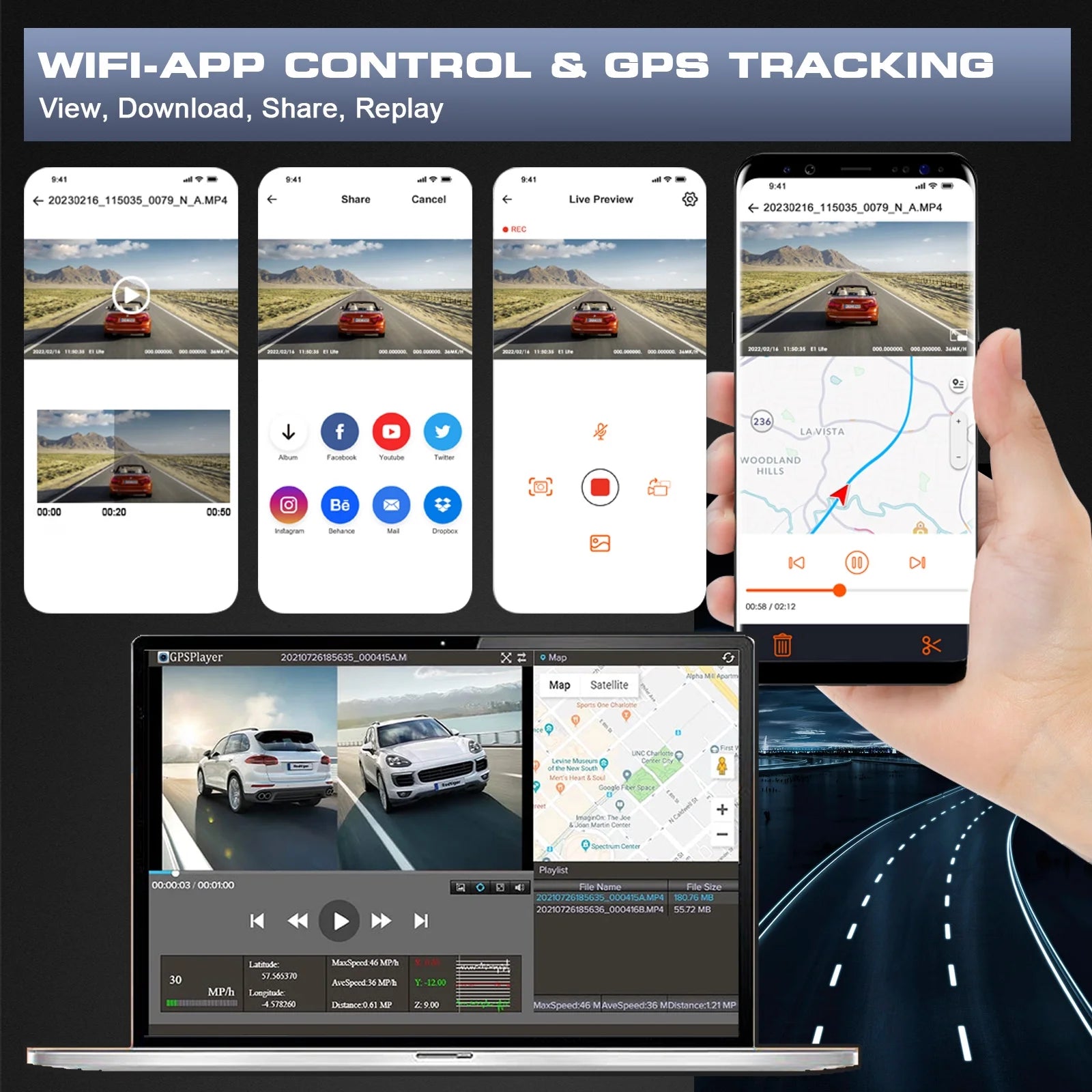 3-Channel 4K Dash Cam with Wi-Fi & GPS – Front, Inside & Rear Car Camera with Night Vision, 3.16” IPS Touchscreen, 24H Parking Mode, WDR, Type-C, Backup Camera & 64GB SD Card Included