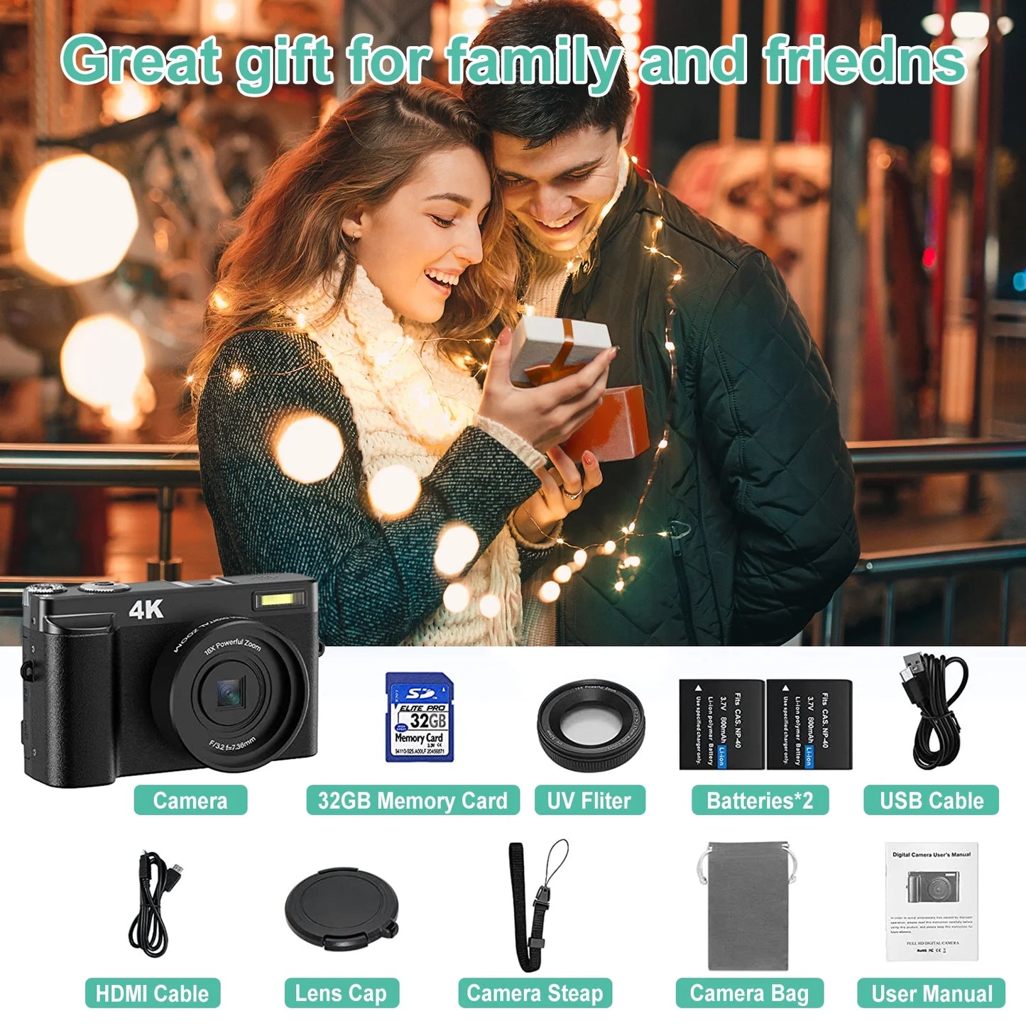 4K Vlogging Camera with Flip Screen – 48MP Digital Camera for Photography & YouTube, Autofocus, 16X Zoom, Compact Video Camera with 32GB SD Card Included