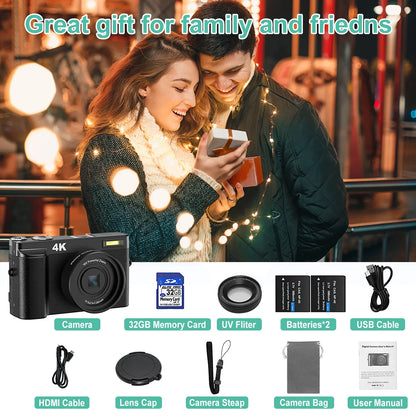 4K Vlogging Camera with Flip Screen – 48MP Digital Camera for Photography & YouTube, Autofocus, 16X Zoom, Compact Video Camera with 32GB SD Card Included