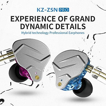 KZ ZSN Pro Hybrid Dual Driver Earphones – 1BA+1DD HiFi In-Ear Monitors with Detachable 2-Pin Cable, Noise Isolation, Zinc Alloy Faceplate (Black, No Mic)
