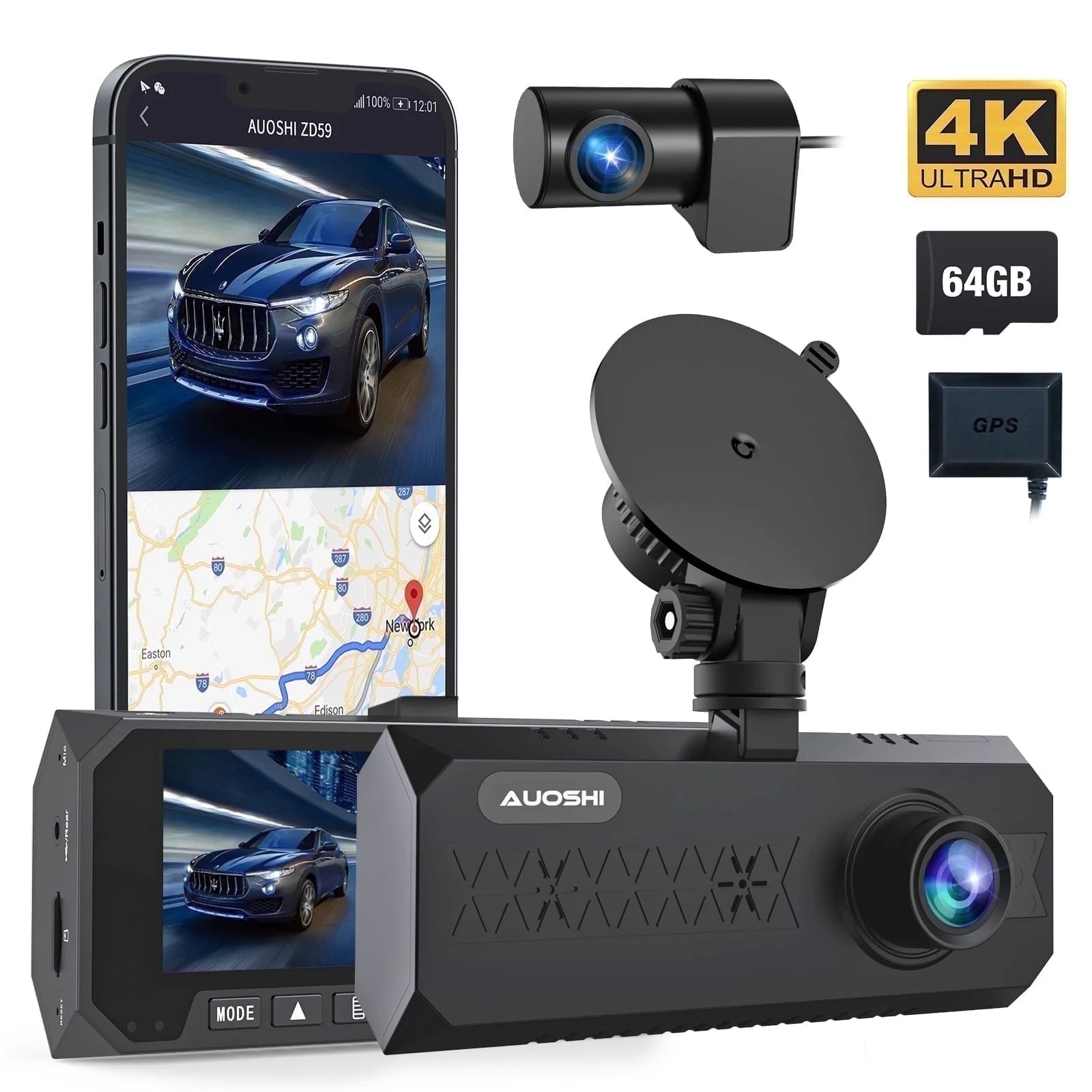 3-Channel 4K Dash Cam with Wi-Fi & GPS – Front, Inside & Rear Car Camera with Night Vision, 3.16” IPS Touchscreen, 24H Parking Mode, WDR, Type-C, Backup Camera & 64GB SD Card Included