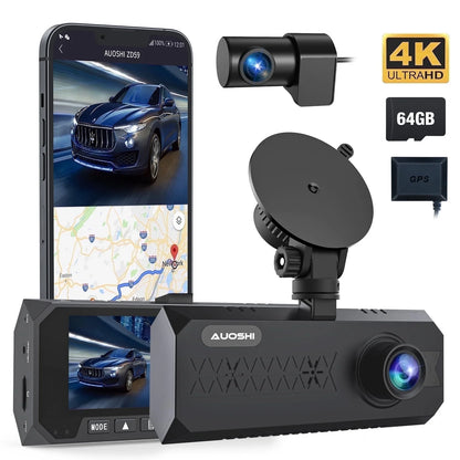 3-Channel 4K Dash Cam with Wi-Fi & GPS – Front, Inside & Rear Car Camera with Night Vision, 3.16” IPS Touchscreen, 24H Parking Mode, WDR, Type-C, Backup Camera & 64GB SD Card Included