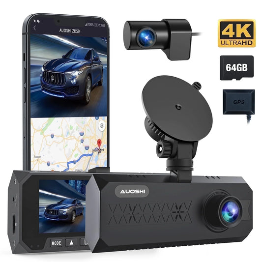 3-Channel 4K Dash Cam with Wi-Fi & GPS – Front, Inside & Rear Car Camera with Night Vision, 3.16” IPS Touchscreen, 24H Parking Mode, WDR, Type-C, Backup Camera & 64GB SD Card Included