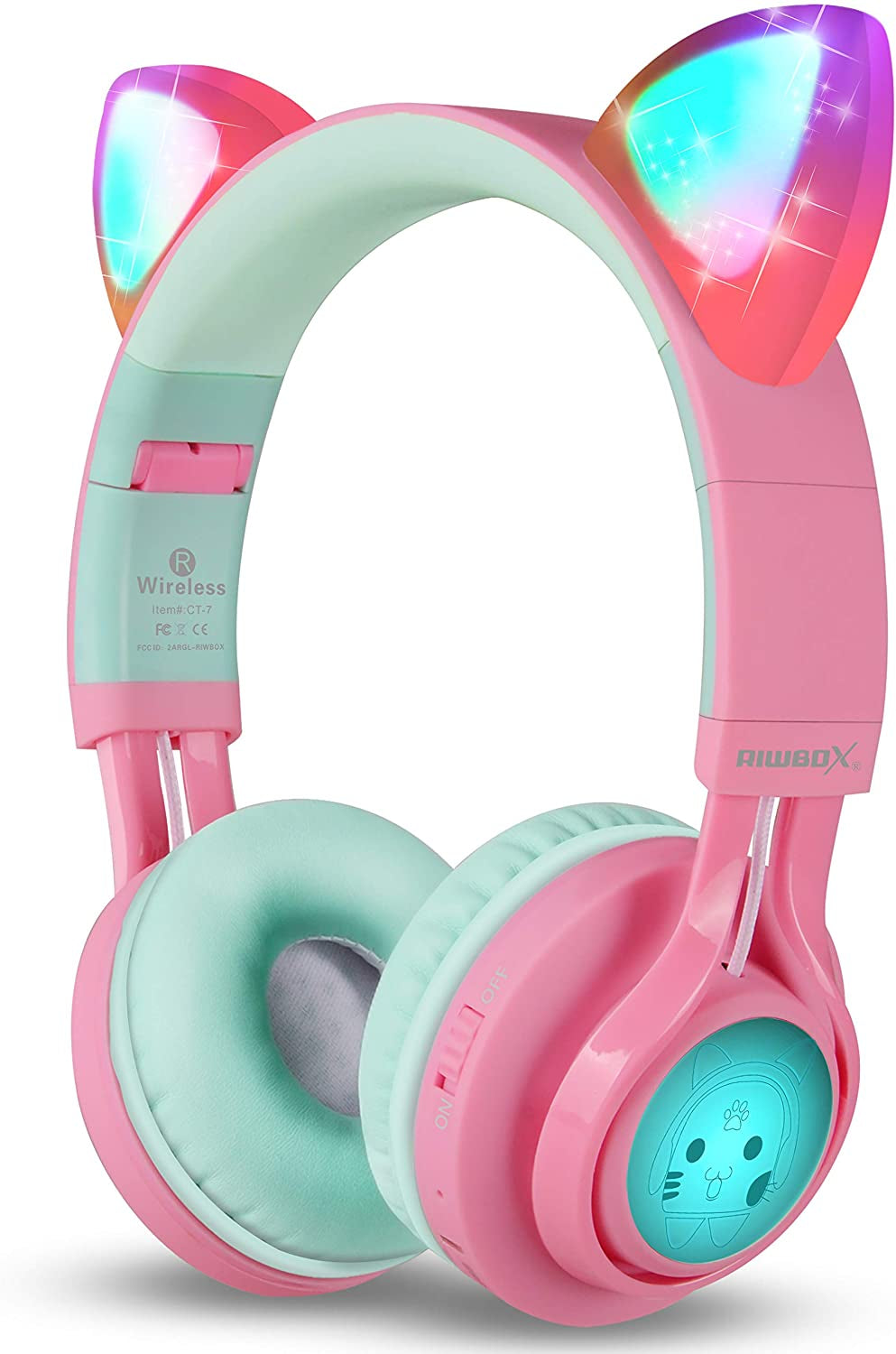 Riwbox CT-7 Kids Wireless Bluetooth Headphones with LED Cat Ears