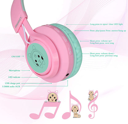 Riwbox CT-7 Kids Wireless Bluetooth Headphones with LED Cat Ears