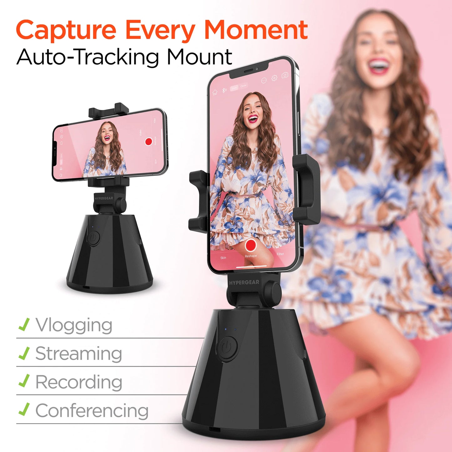 HyperGear HyperView Auto-Tracking Phone Mount – 360° Rotation, Face Tracking, Portrait & Landscape, Bluetooth App Control