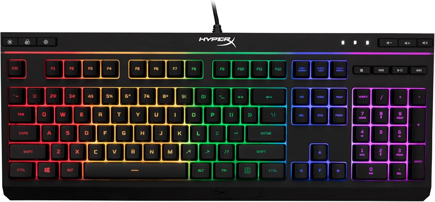 HyperX Núcleo de aleación RGB LED Xbox PlayStation PC Gaming Teclado de tamaño completo retroiluminado con cable táctil anti-fantasma, teclas silenciosas silenciosas, diseño inglés, marco duradero para configuración de computadora gamer, color negro