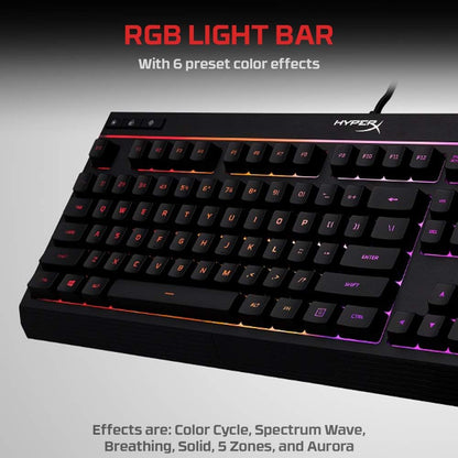 HyperX Núcleo de aleación RGB LED Xbox PlayStation PC Gaming Teclado de tamaño completo retroiluminado con cable táctil anti-fantasma, teclas silenciosas silenciosas, diseño inglés, marco duradero para configuración de computadora gamer, color negro