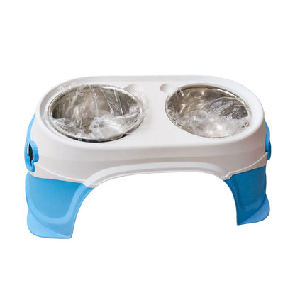 Plato Doble para Mascotas 18.5″ con Acero Inoxidable – Blanco y Celeste